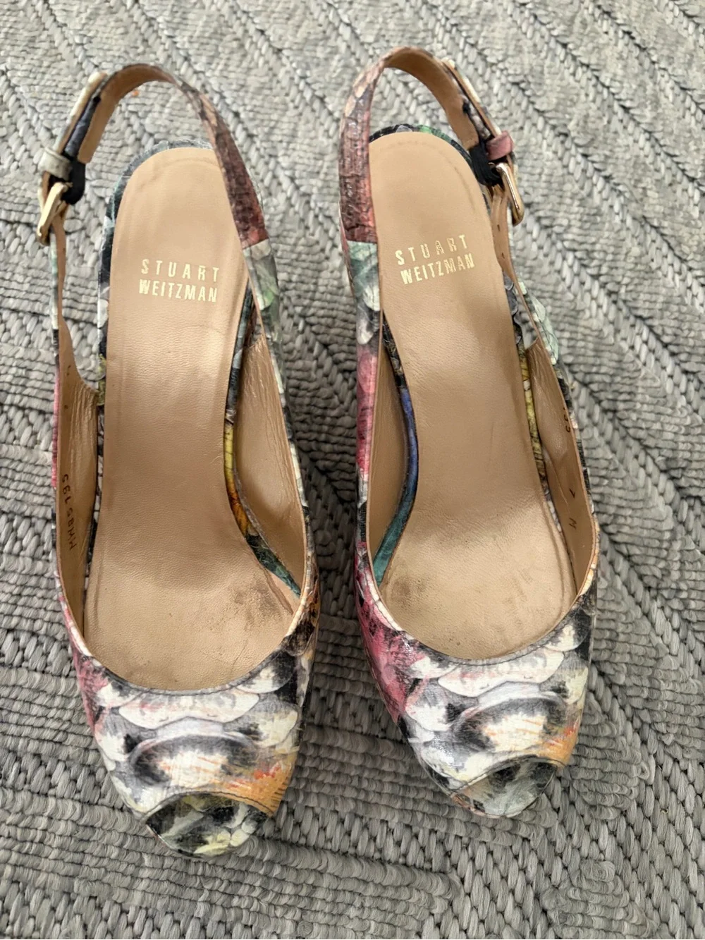 Stuart Weitzman Floral Multicolor Peep-Toe Slingback Heels